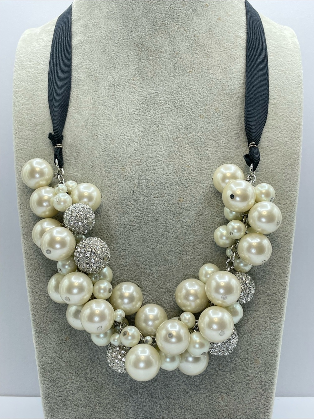 Silver Tone Crystal Glass Faux Pearl Statement Bib Necklace Ribbon Tie Collar